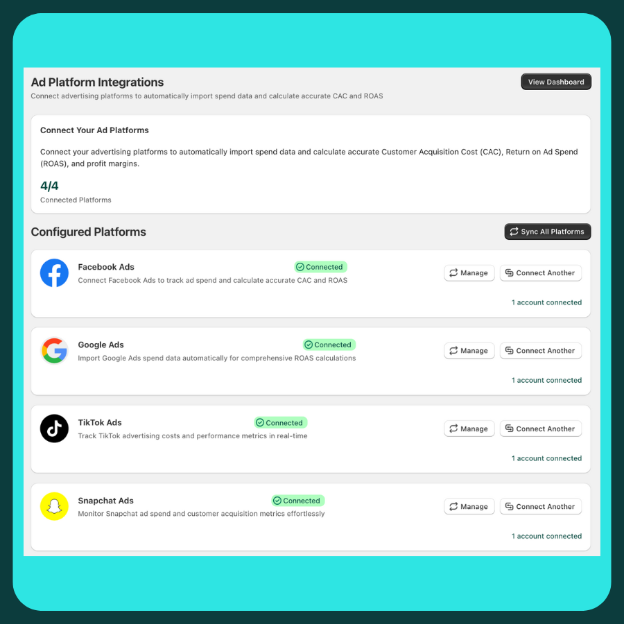 Facebook, Google, TikTok ad integration dashboard for COD tracking